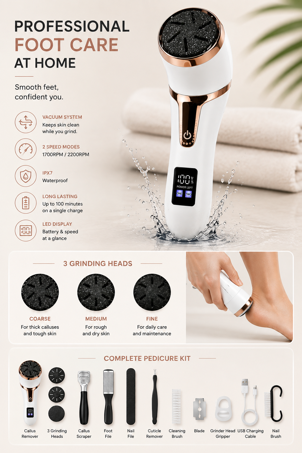 Pedixo Pro professional foot care kit with vacuum system, three grinding heads and complete pedicure set